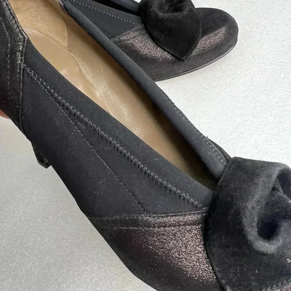 ANYI‎ LU Hand Made Italy Heels Black Fabric Metallic Leather Bow Detail Formal 9